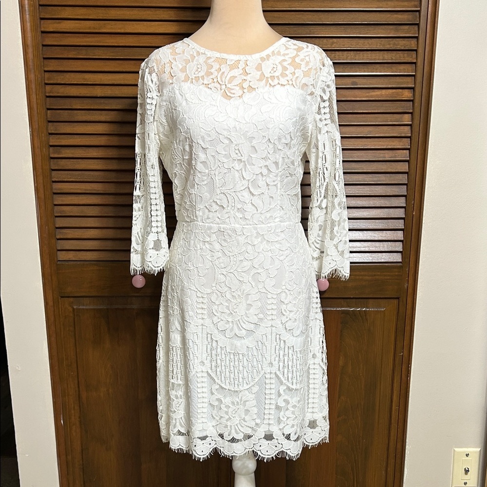 NWT MSLG Off White Floral Lace 3/4 Sleeve Dress Size M Wedding Shower Bridal